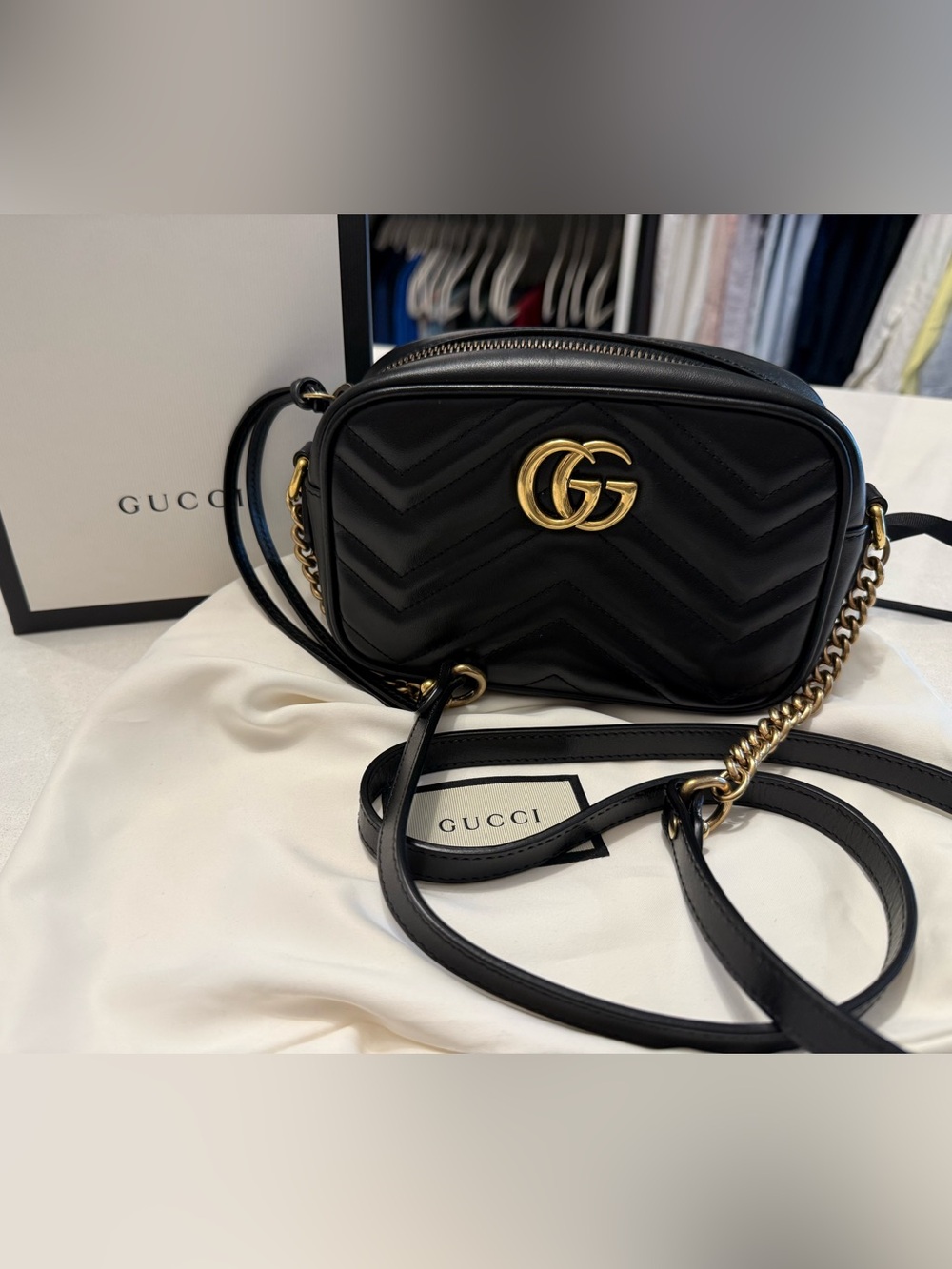 Gucci Black Chevron Leather GG Marmont Crossbody Bag with Gold Hardware